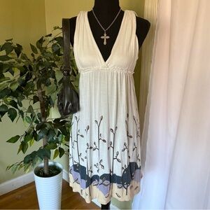 Y2k Forever 21 White Dress Boho Leaves Print Empire Cut Size Medium